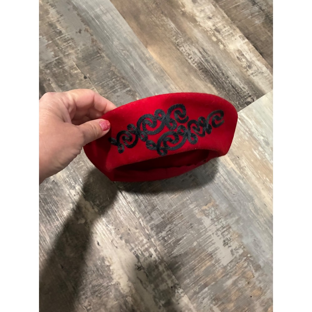 Vintage Red Wool Pillbox Hat Black Floral Embroidery WPL 6923 Mid Century Retro
